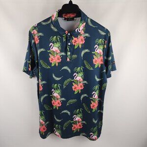 Yatta Golf Shirt Mens Large Multi Tropical Flamingo Hawaiian S/S Golf Polo